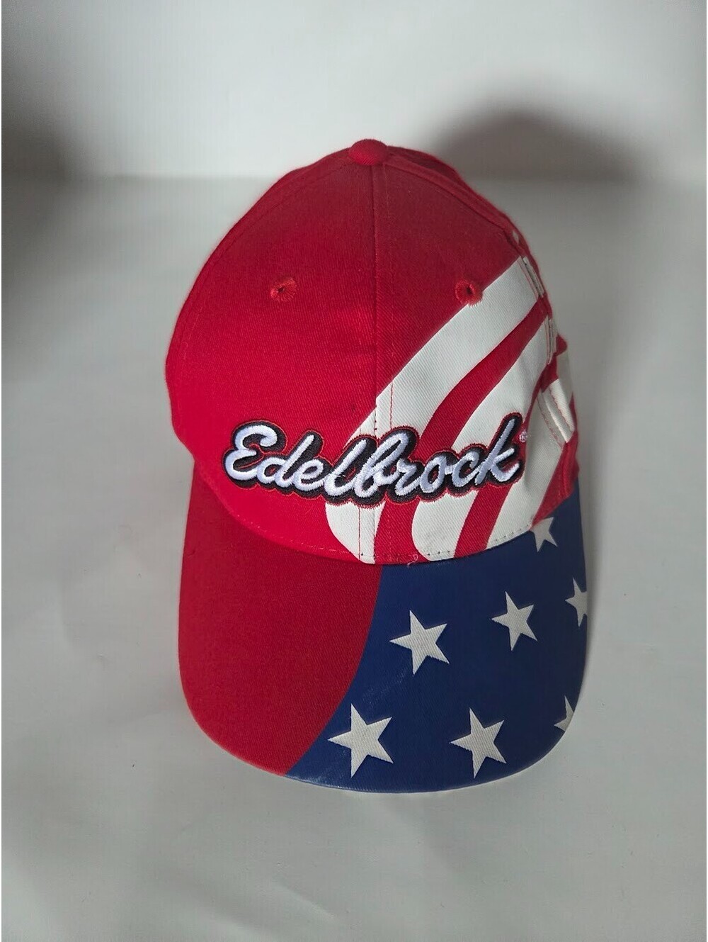Edelbrock Red White Blue American Flag Script Logo Adjustable Cotton Hat Cap